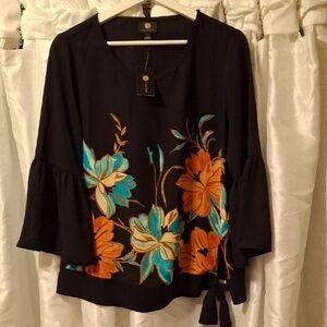 JM Collection Floral Black Top with Orange and Blue Accents 💚💚💚💚